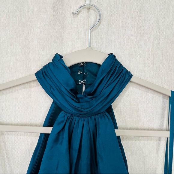 NEW MAC DUGGAL 11642 OPEN BACK HIGH NECK SIDE RUCHED SATIN GOWN Dress Slit Sash - Picture 15 of 16